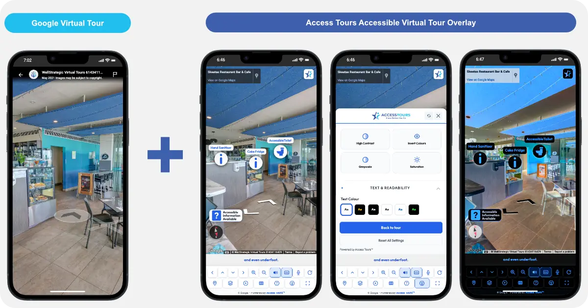 Side by side: a standard Google Virtual Tour on the left, and the same tour with the Access Tours accessible overlay on the right showing high-contrast, colour and text-readability controls plus labelled access points such as hand sanitiser, accessible toilet and information.