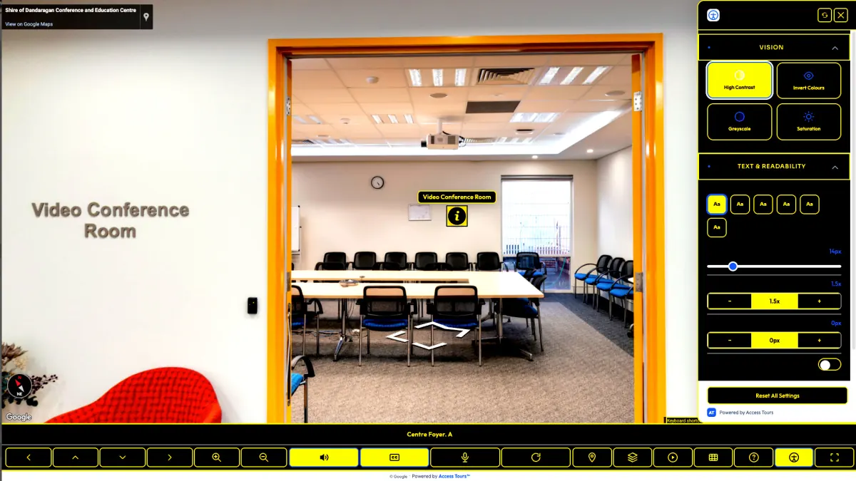 Access Tours™ high contrast mode with yellow and black controls for improved visibility.
